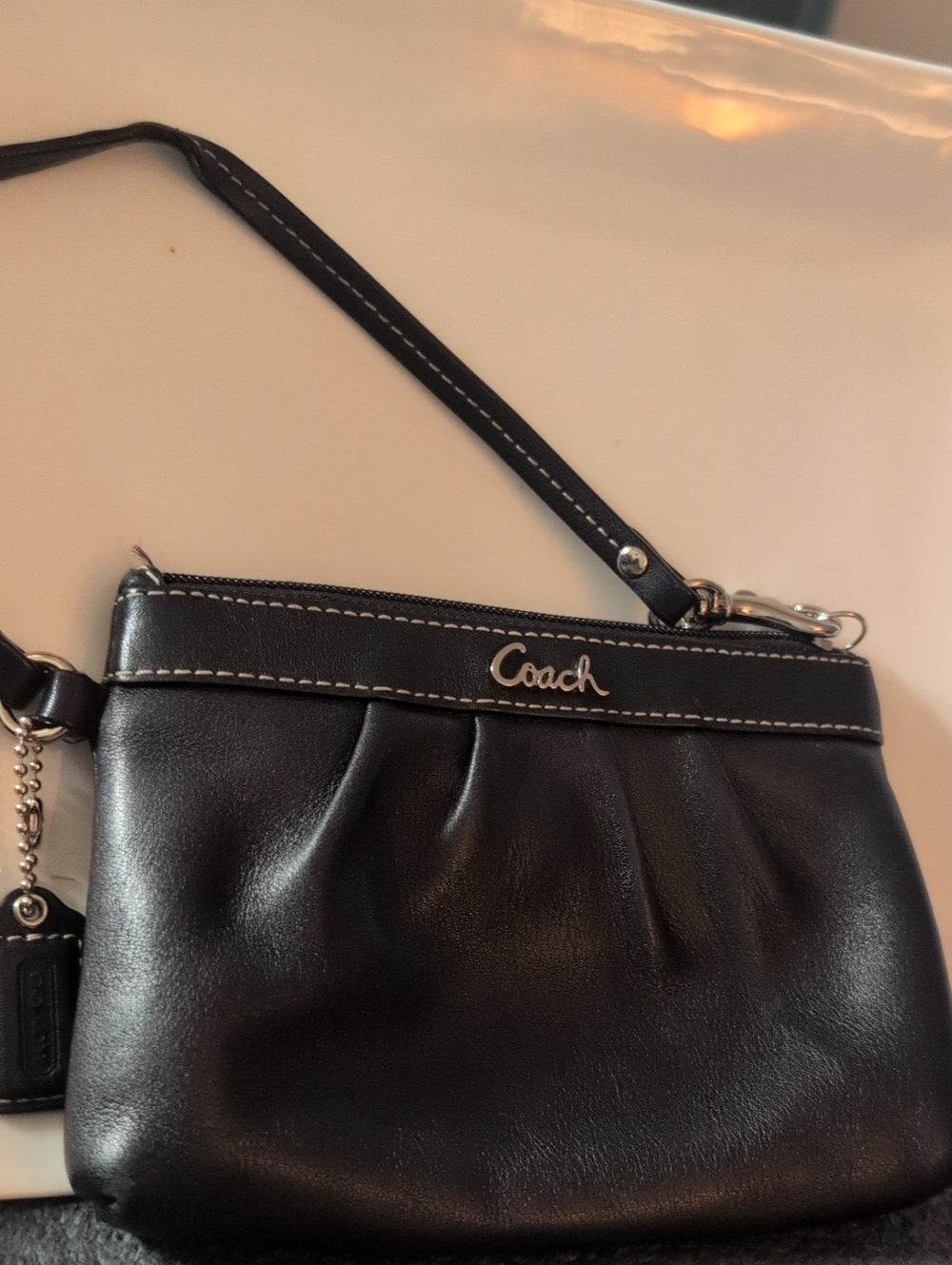 Coach Black Leather Wristlet with Silver Logo
